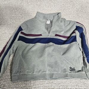 Gray Quarter-Zip Sweatshirt with Blue and Purple Stripes